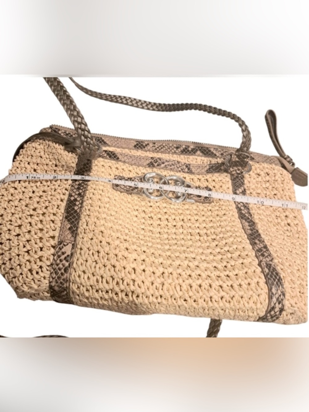 Brighton Beige Woven Crossbody with Snake-Print Trim - Picture 6 of 8